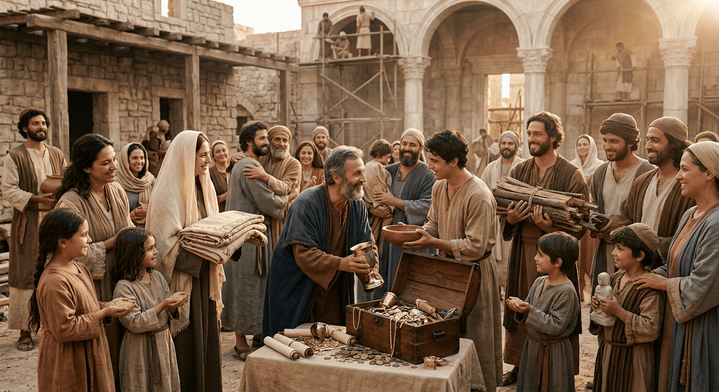 Firefly_A powerful biblical scene showing a humble leader willingly giving generously for the 147532