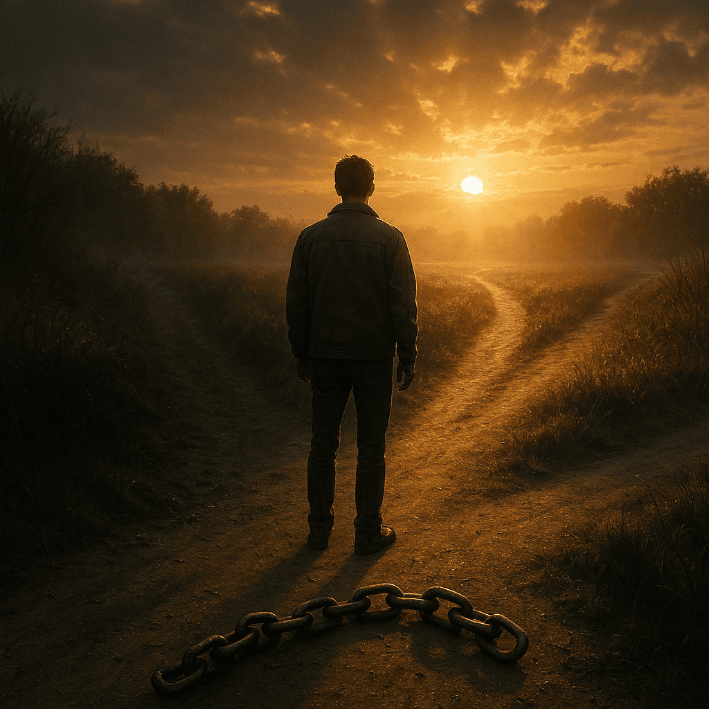 A lone person standing at a crossroads at sunrise, looking toward a bright path while a dark, overgr
